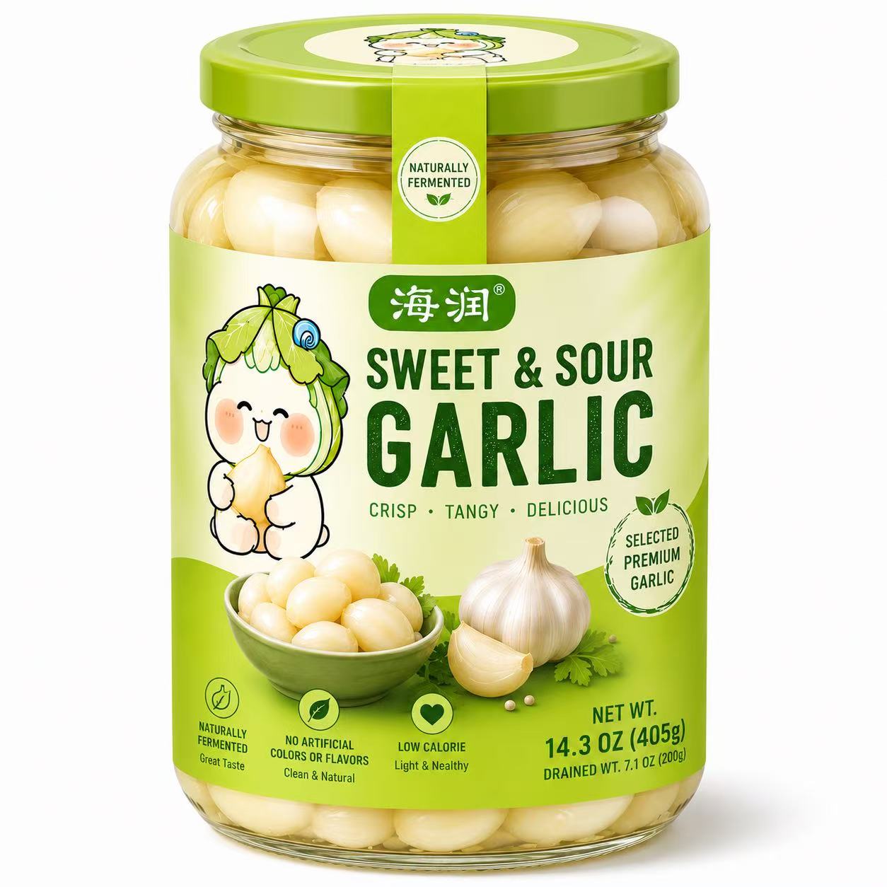 Sweet Pickled Garlic Sweet & Tangy 	•	Ready to Eat 	•	Selected Premium Garlic 	•	Net Wt. 14.3 OZ (405g) 	•	Product of China