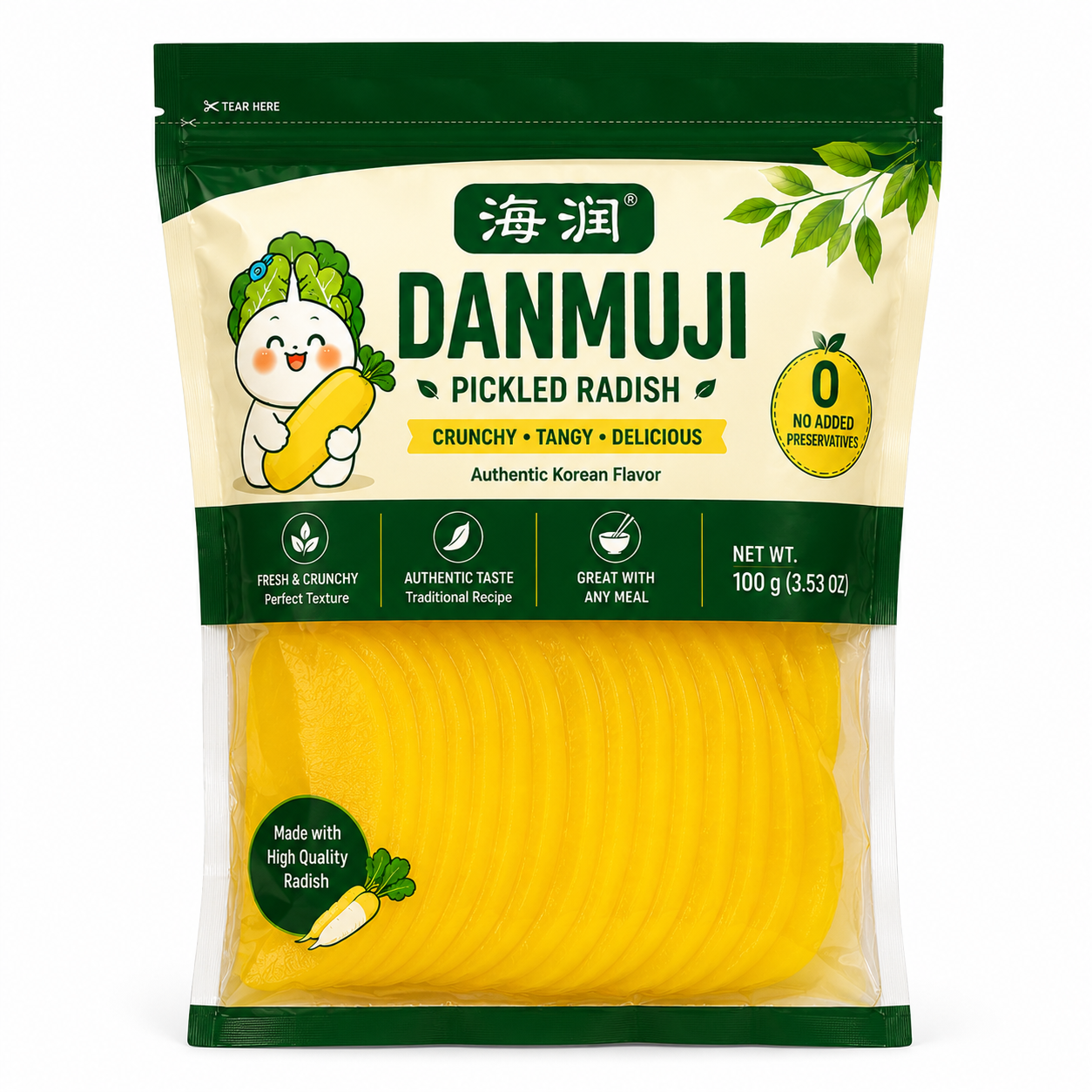 Sliced Pickled Radish •	Sweet & Tangy 	•	Authentic Korean Flavor 	•	Sliced Pickled Radish 	•	Net Wt. 3.53 OZ (100g) 	•	Product of China