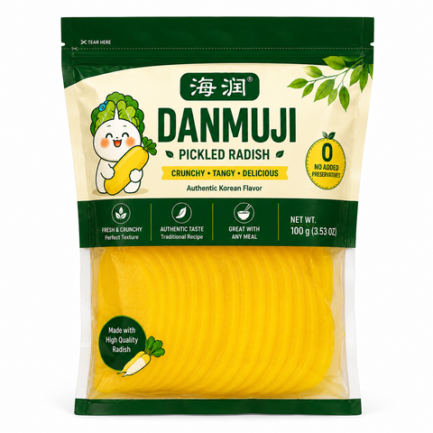 Sliced Pickled Radish •	Sweet & Tangy 	•	Authentic Korean Flavor 	•	Sliced Pickled Radish 	•	Net Wt. 3.53 OZ (100g) 	•	Product of China
