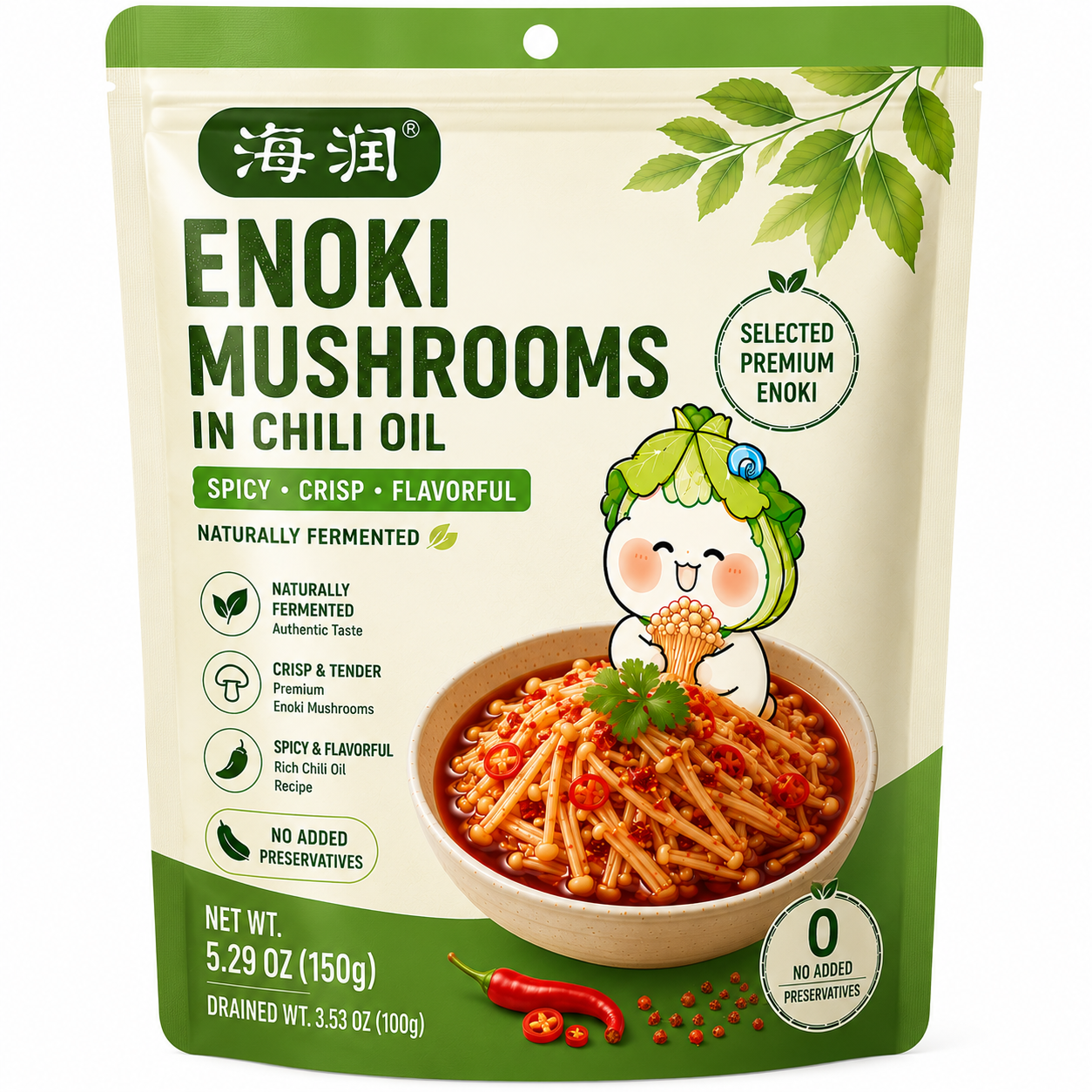 Enoki Mushroom •	Spicy Taste 	•	Ready to Eat 	•	Premium Enoki Mushroom 	•	Net Wt. 5.29 OZ (150g) 	•	Product of China