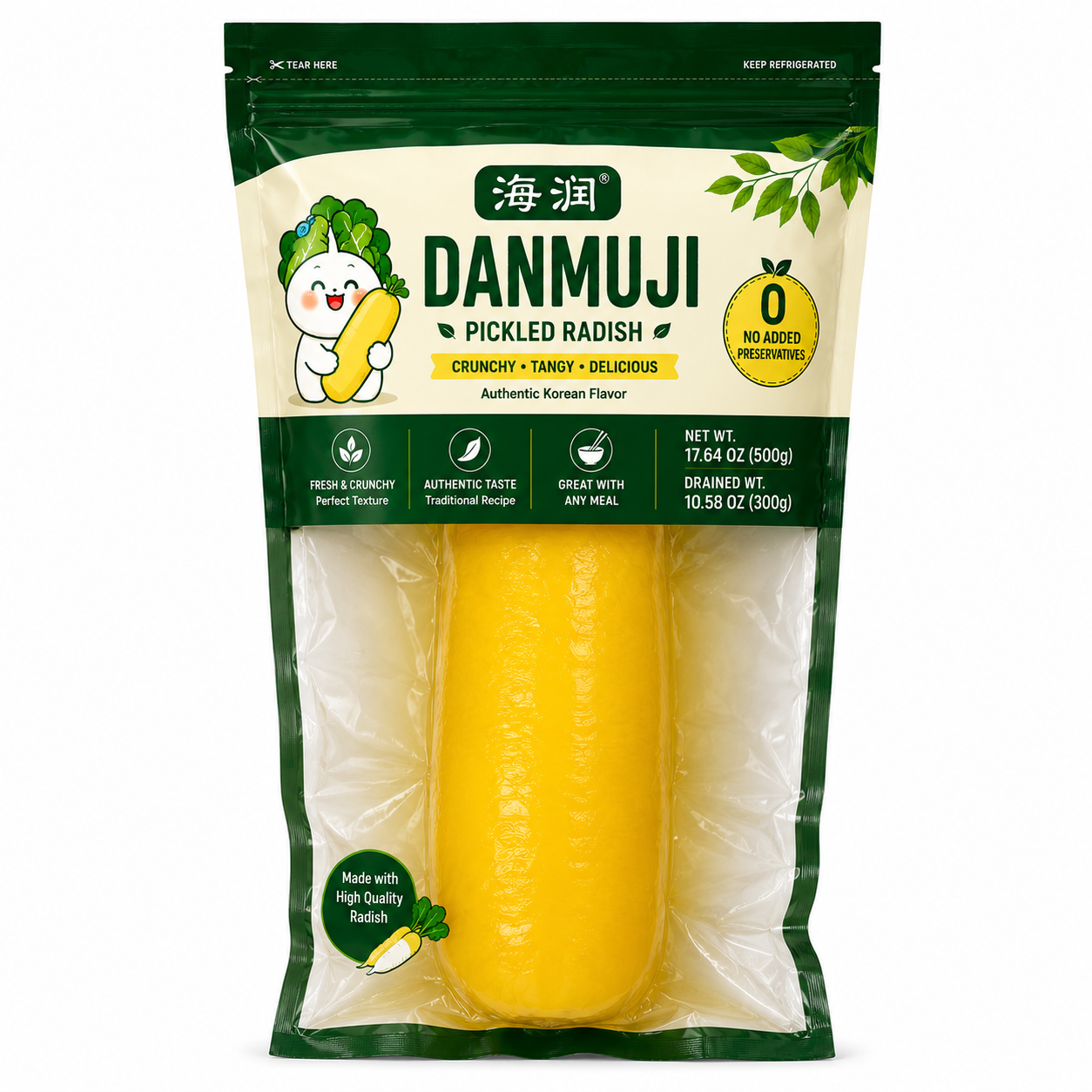 Whole Pickled Radish     Sweet & Tangy 	•	Korean Style Flavor 	•	Whole Pickled Radish 	•	Net Wt. 10.58 OZ (300g) 	•	Product of China