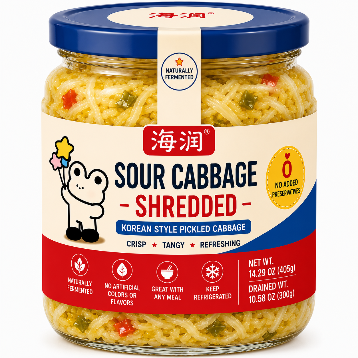 Sour Cabbage  	•	Authentic German Flavor 	•	Naturally Fermented 	•	Premium Sauerkraut 	•	Net Wt. 14.3 OZ (405g) 	•	Product of China