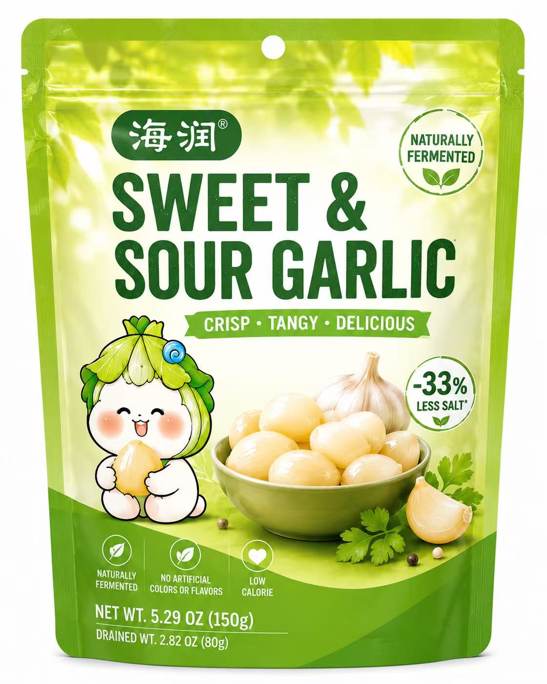 Sweet Pickled Garlic  Sweet & Tangy 	•	Ready to Eat 	•	Premium Pickled Garlic 	•	Net Wt. 5.29 OZ (150g) 	•	Product of China