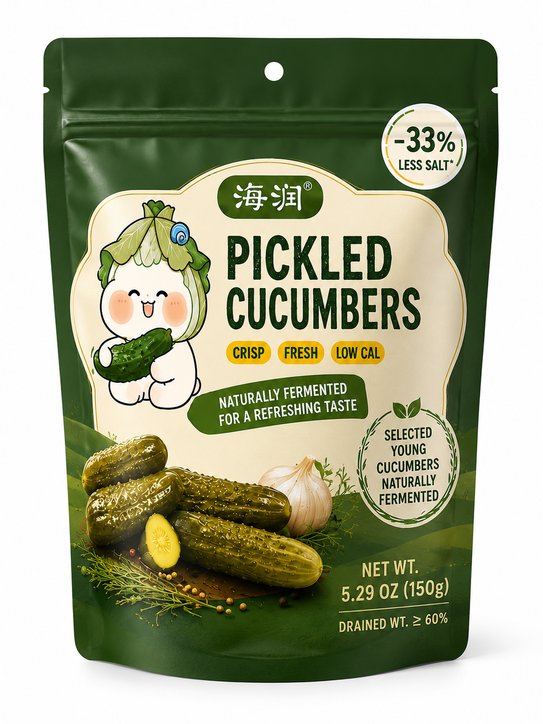 Pickled Cucumber 	•	Tangy & Crisp 	•	Ready to Eat 	•	Selected Premium Cucumbers 	•	Net Wt. 5.29 OZ (150g) 	•	Product of China
