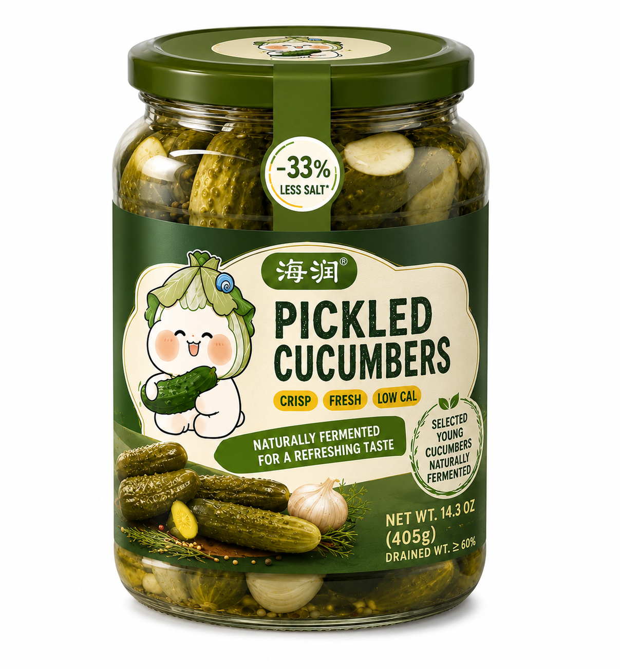 Pickled Cucumber Tangy & Crisp 	•	Ready to Eat 	•	Selected Premium Cucumbers 	•	Net Wt. 14.3 OZ (405g) 	•	Product of China