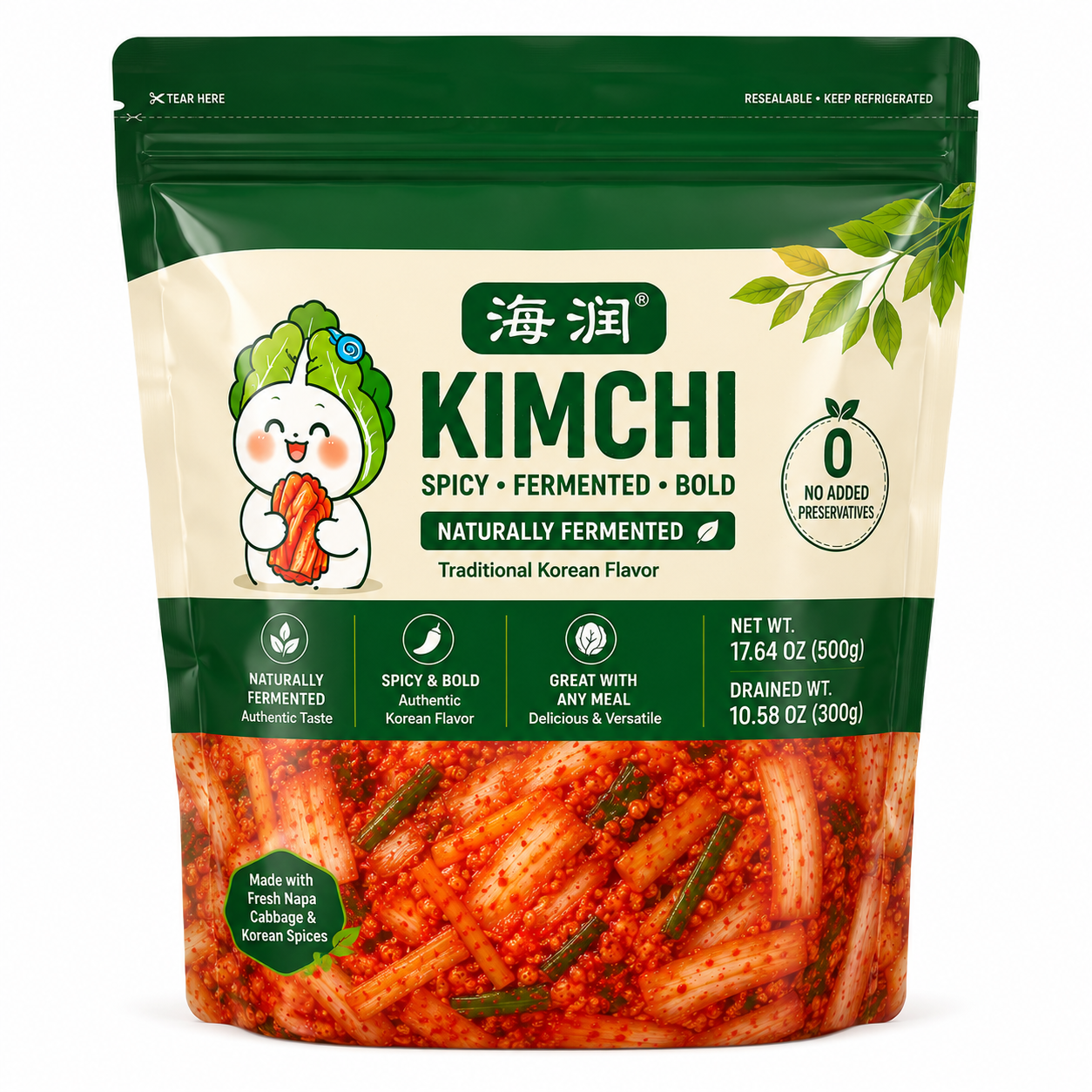 Spicy Cabbage  	•	Authentic Korean Flavor 	•	Naturally Fermented 	•	Premium Kimchi 	•	Net Wt. 5.29 OZ (150g) 	•	Product of China